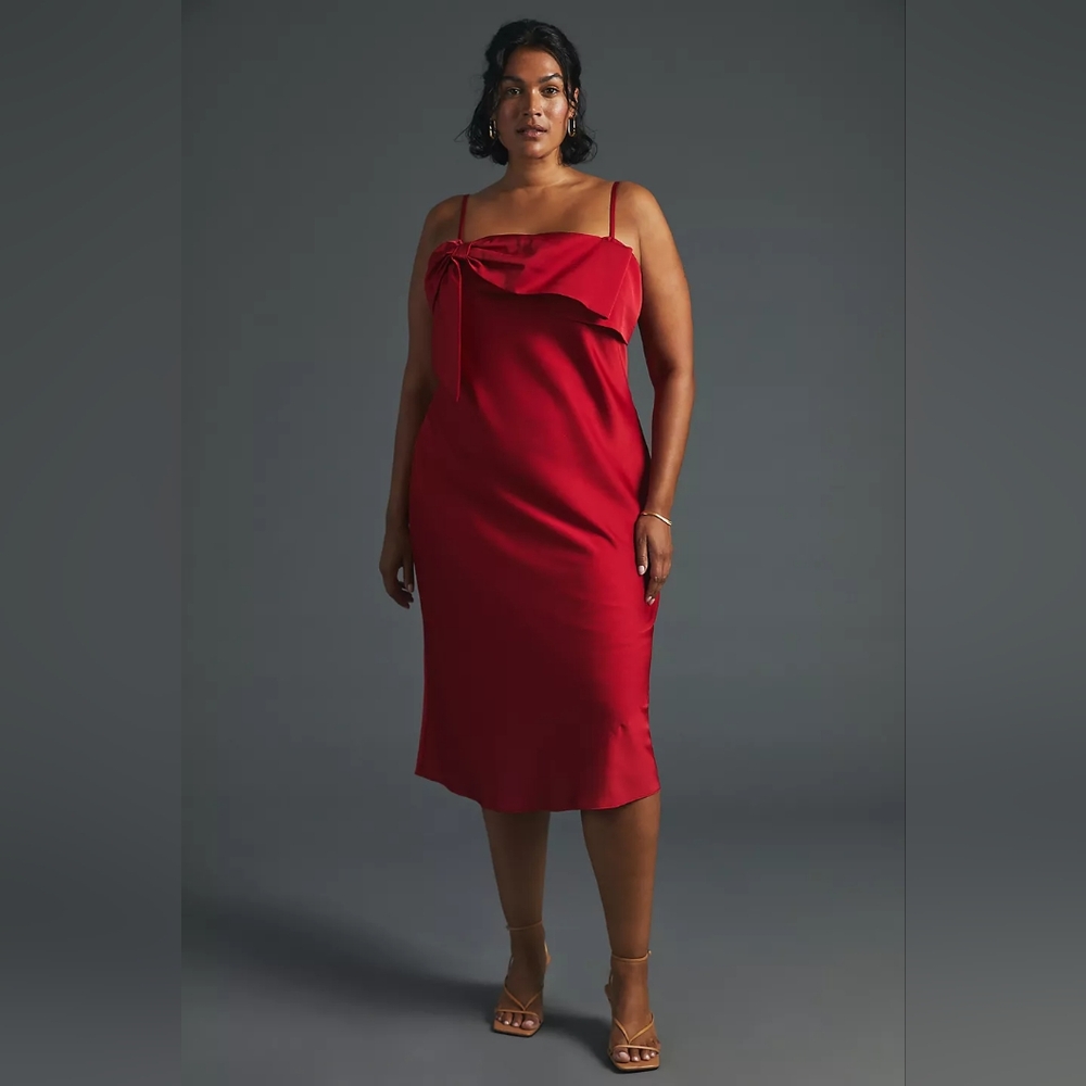 Anthropologie Hutch Satin Bow Front Slip Midi Dress In Red size 1X NWT $180